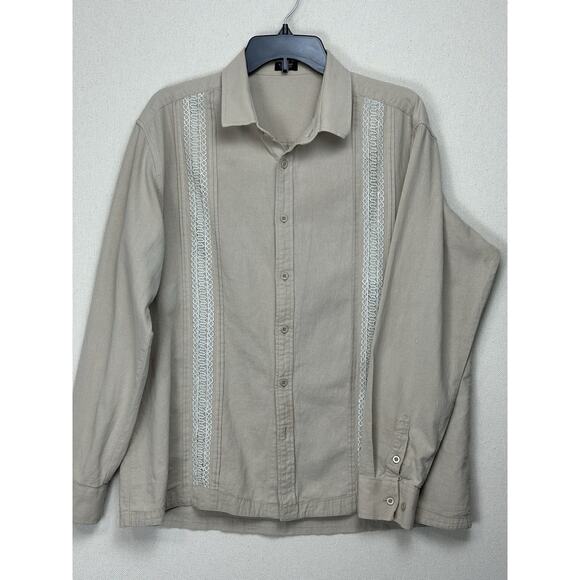 Coof Andy Cuban Guayabera Shirt Mens XL Button Up Embroidered Tan Long Sleeve - Picture 1 of 15